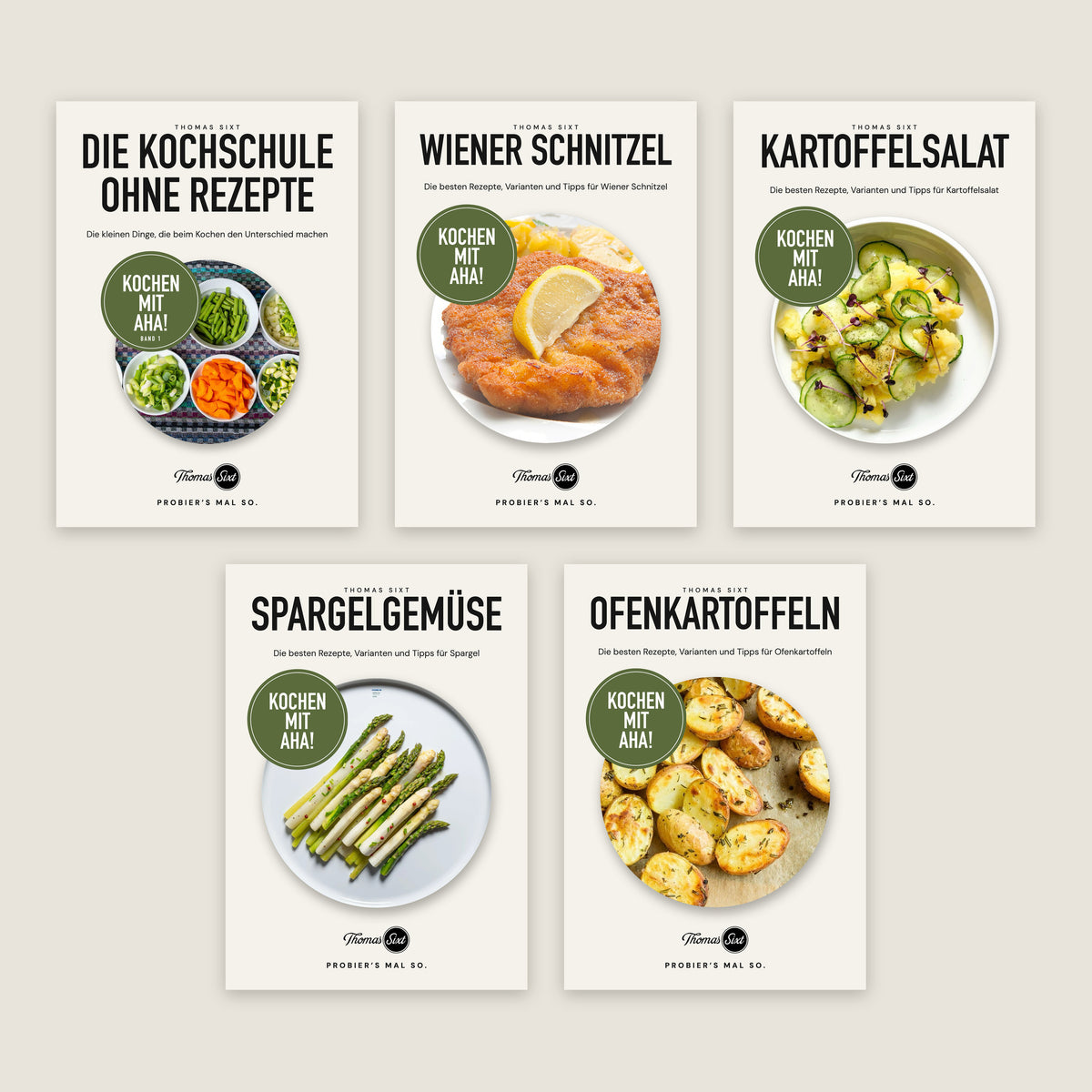 Das Buch Die Kochschule ohne Rezepte und die vier PDF-Hefte aus der Reihe Kochen mit Aha!