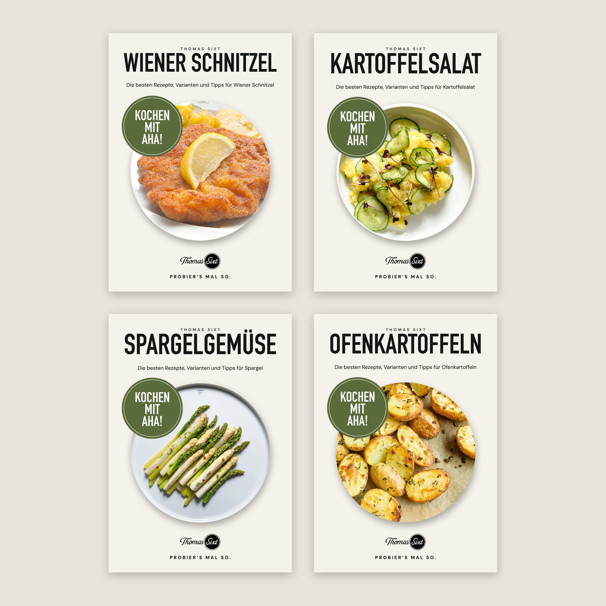 Die vier PDF-Hefte Wiener Schnitzel, Kartoffelsalat, Spargelgemüse und Ofenkartoffeln aus der Reihe Kochen mit Aha!