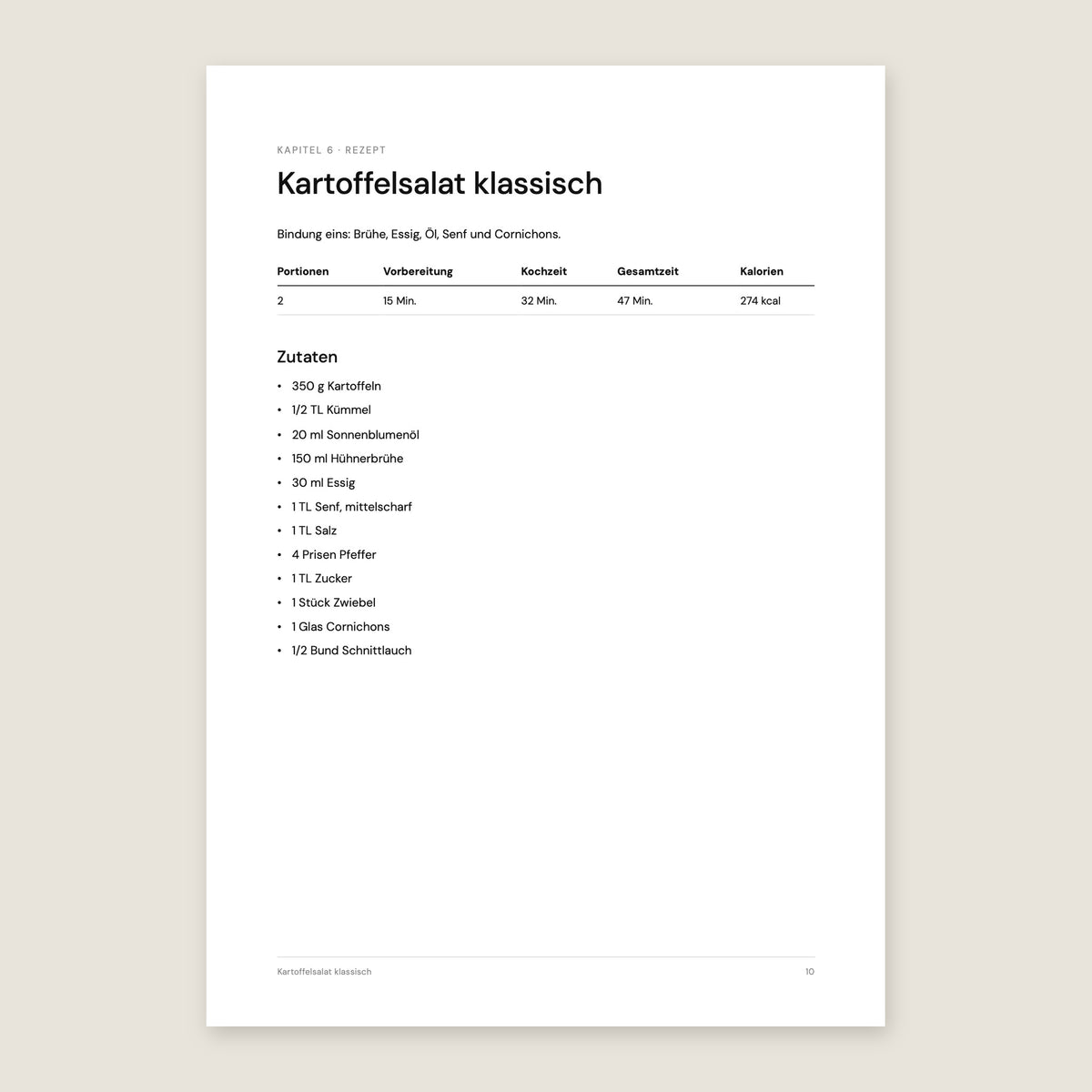 Heftseite Kartoffelsalat klassisch mit Zeiten und Zutatenliste