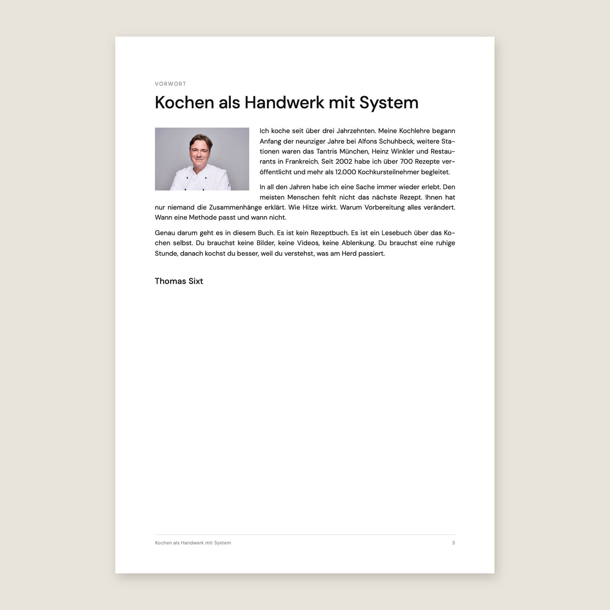Buchseite Vorwort Kochen als Handwerk mit System mit Porträt von Thomas Sixt