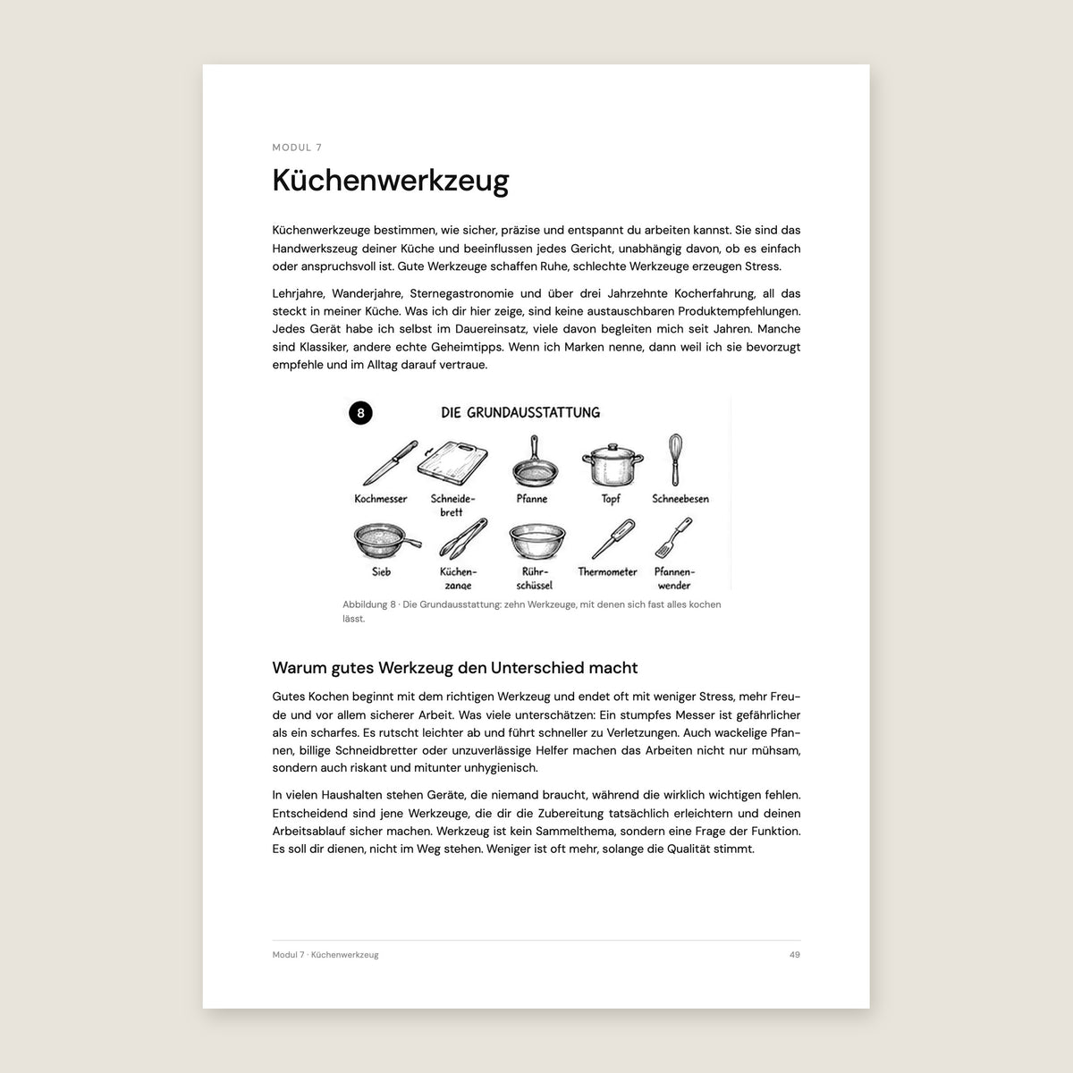 Buchseite Modul Küchenwerkzeug mit Illustration der Grundausstattung