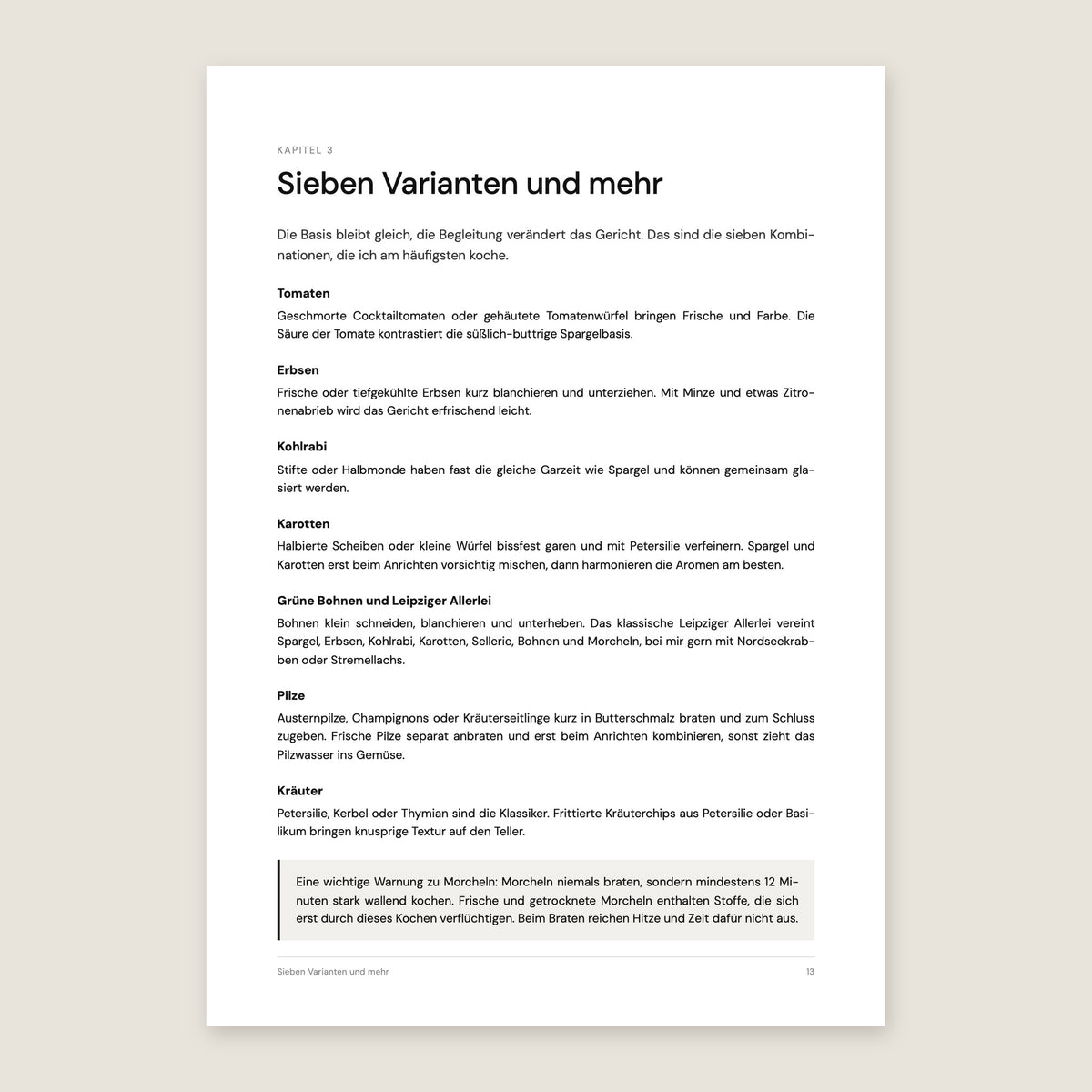 Heftseite Sieben Varianten mit Tomaten, Erbsen, Morcheln und Kräutern