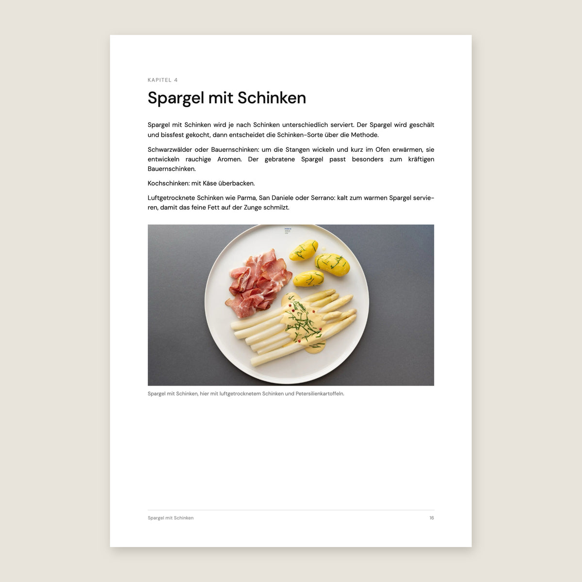 Heftseite Spargel mit Schinken mit Foto des angerichteten Tellers