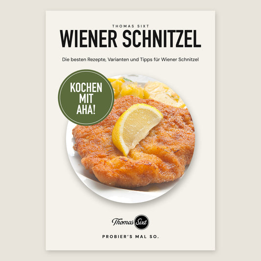 Cover des PDF-Hefts Wiener Schnitzel aus der Reihe Kochen mit Aha! mit Schnitzel und Zitrone
